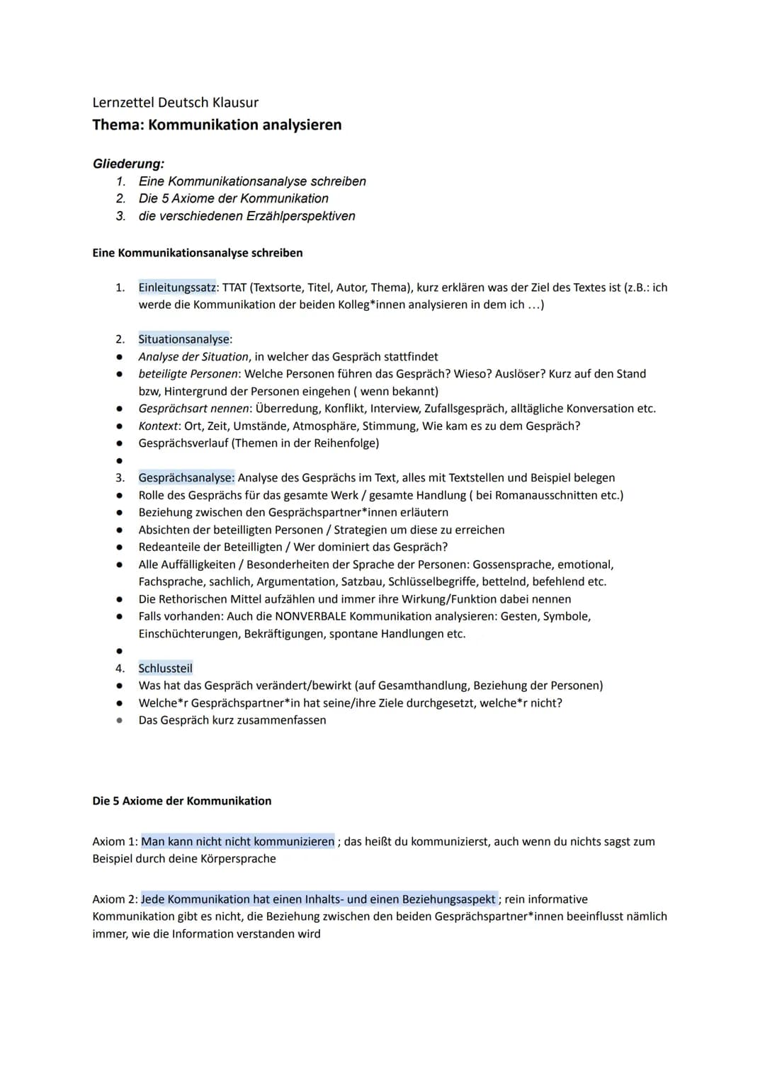 Lernzettel Deutsch Klausur
Thema: Kommunikation analysieren
Gliederung:
1. Eine Kommunikationsanalyse schreiben
2. Die 5 Axiome der Kommunik