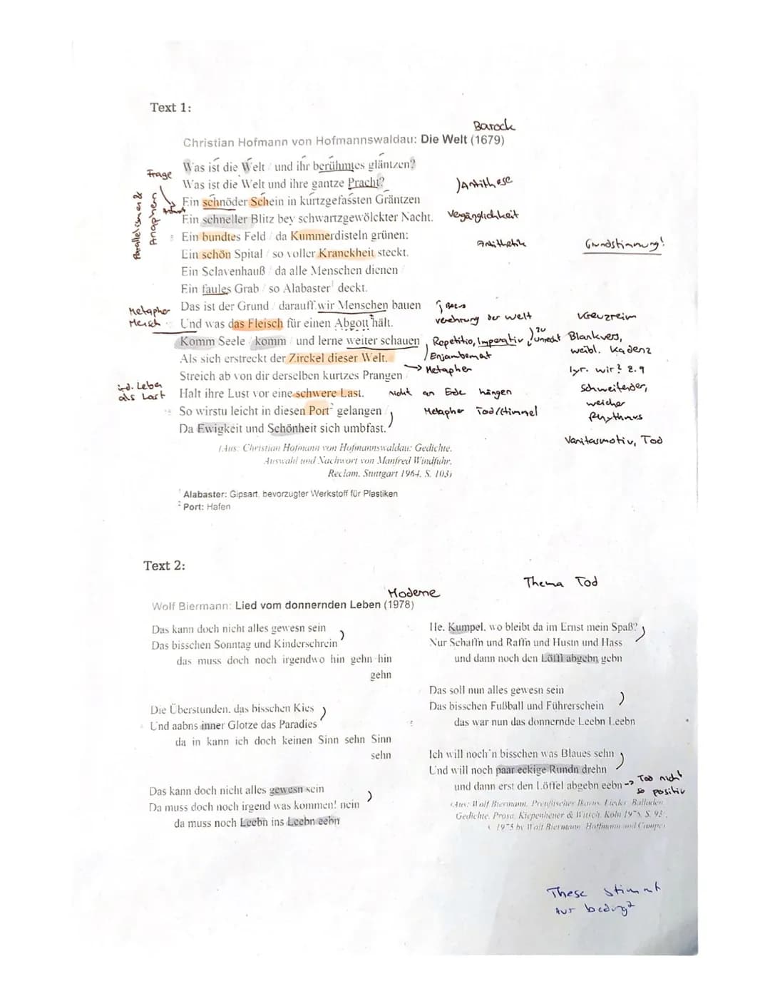 Thema 1: Gedichtvergleich
Aufgabe:
Interpretieren Sie das Gedicht ,,Die Welt" von Christian Hofmann
von Hofmannswaldau (Text 1).
Ziehen Sie 