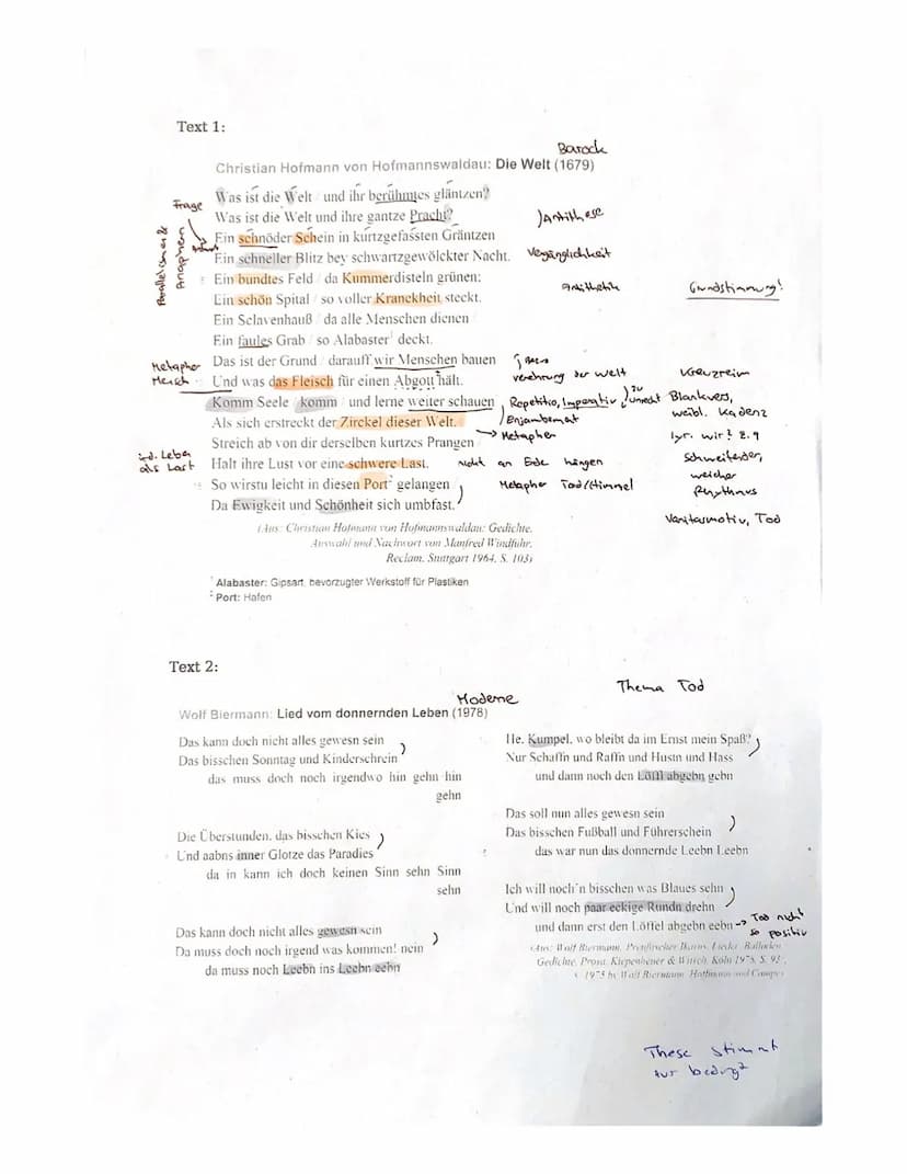 Thema 1: Gedichtvergleich
Aufgabe:
Interpretieren Sie das Gedicht ,,Die Welt" von Christian Hofmann
von Hofmannswaldau (Text 1).
Ziehen Sie 