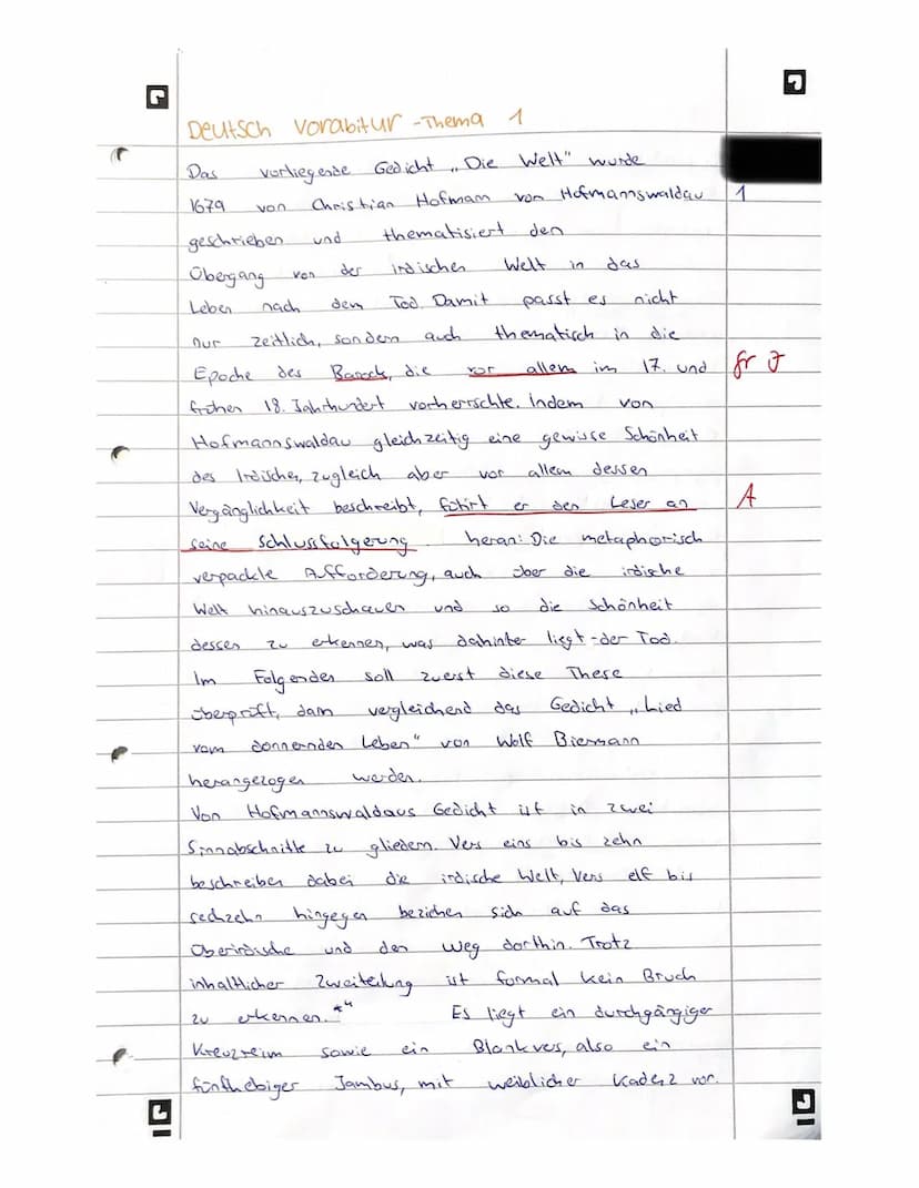 Thema 1: Gedichtvergleich
Aufgabe:
Interpretieren Sie das Gedicht ,,Die Welt" von Christian Hofmann
von Hofmannswaldau (Text 1).
Ziehen Sie 