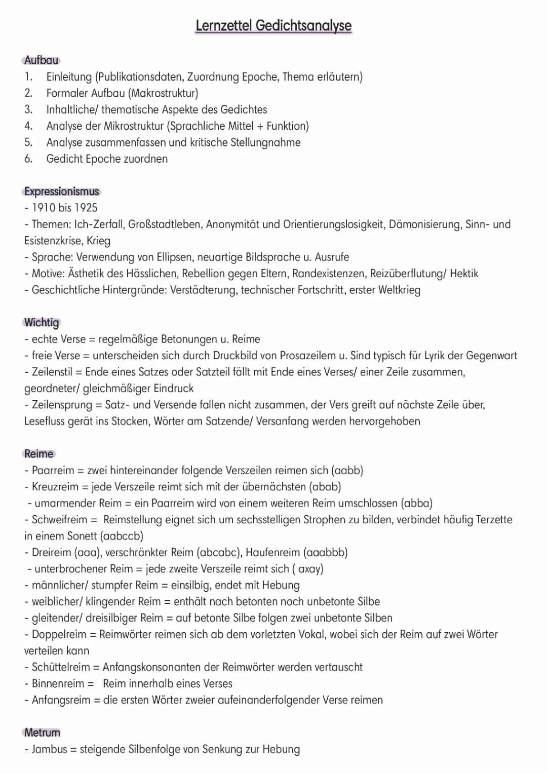 Lernzettel Gedichtsanalyse Expressionismus 