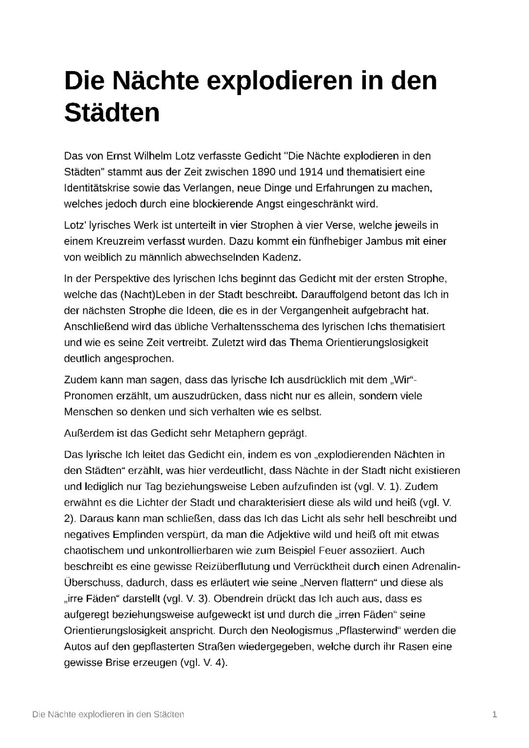 GEDICHTSANALYSE - Ernst Wilhelm Lotz: Die Nächte explodieren in den Städten