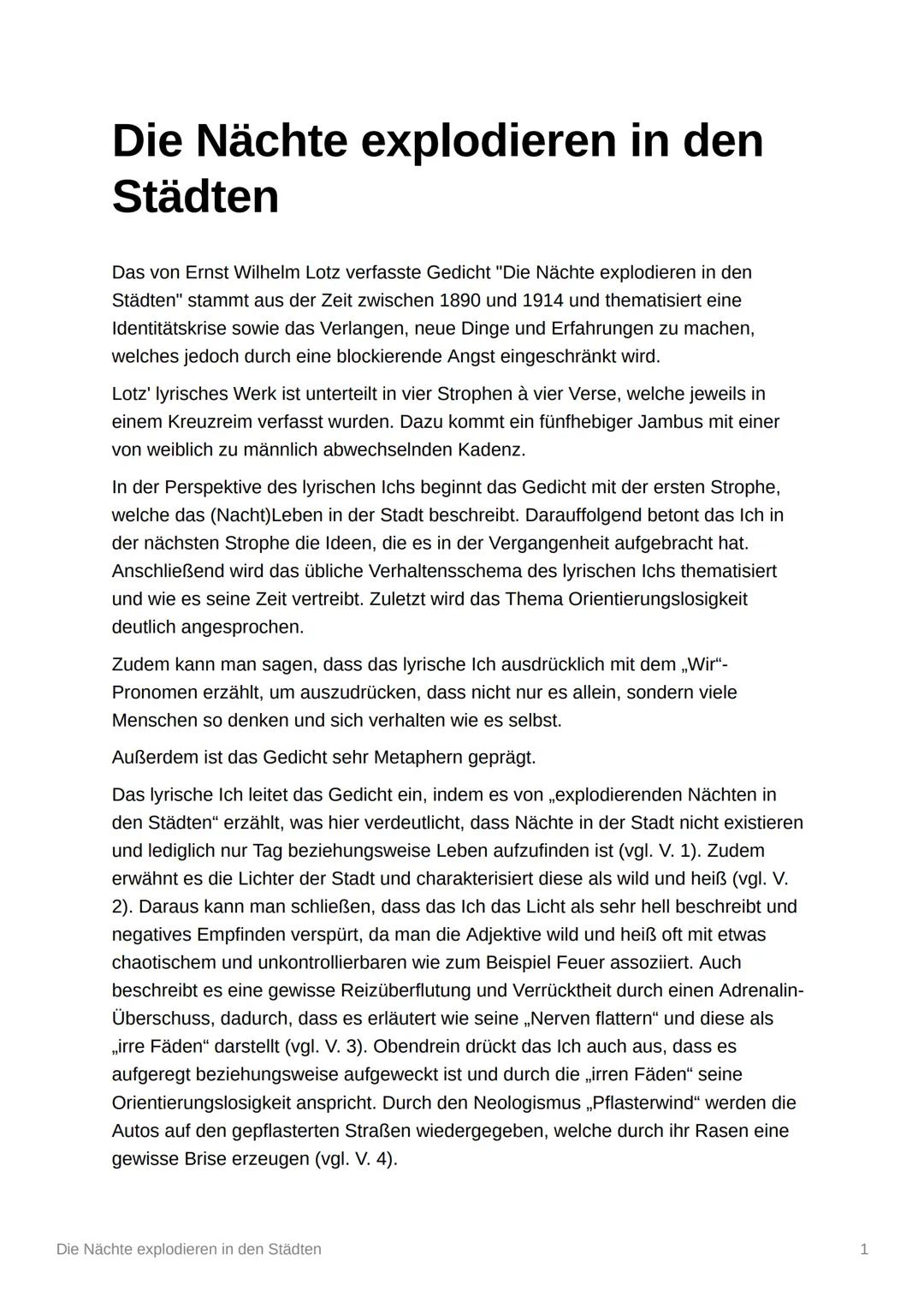 Die Nächte explodieren in den
Städten
Das von Ernst Wilhelm Lotz verfasste Gedicht "Die Nächte explodieren in den
Städten" stammt aus der Ze