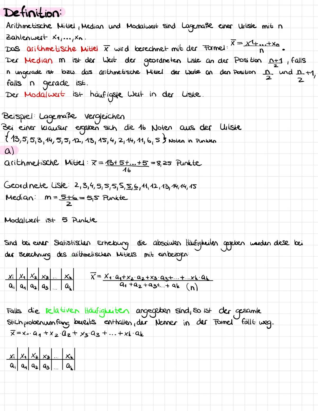 Definition:
Arithmetische Mittel, Median und Modalwert sind Lagemaße einer Urliste mit n
Zahlenwert x₁,..., X₁.
Das arithmetische Mittel X w