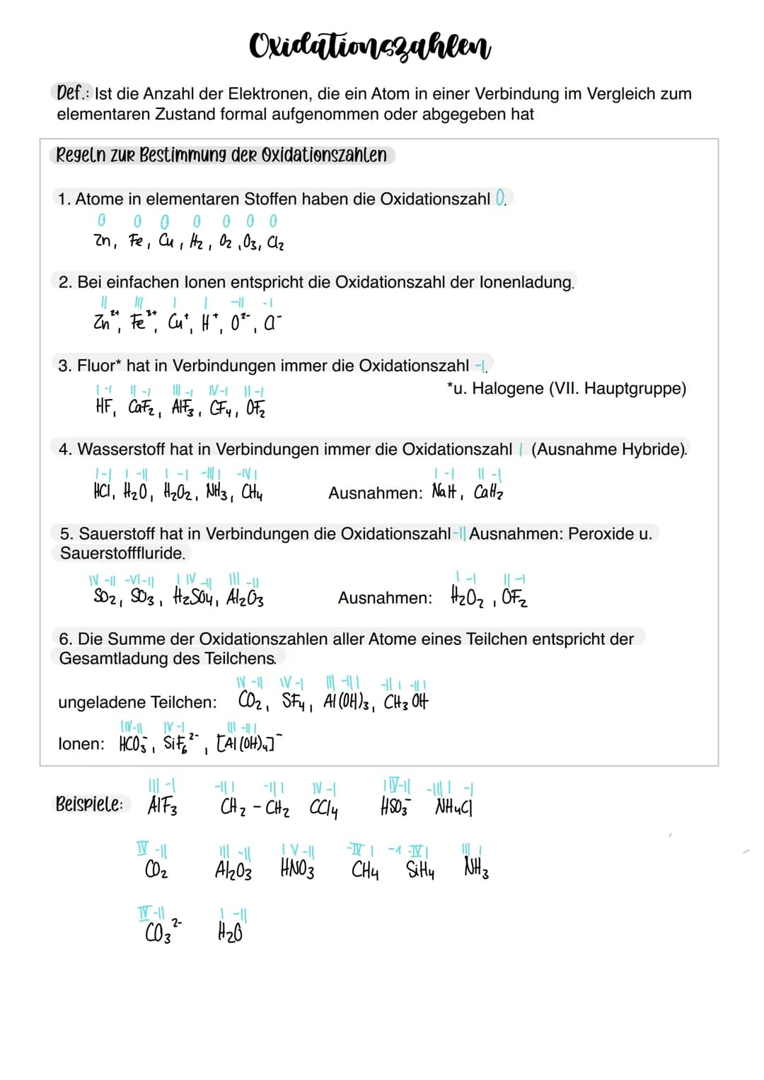 Oxidationszahlen
Def.: Ist die Anzahl der Elektronen, die ein Atom in einer Verbindung im Vergleich zum
elementaren Zustand formal aufgenomm