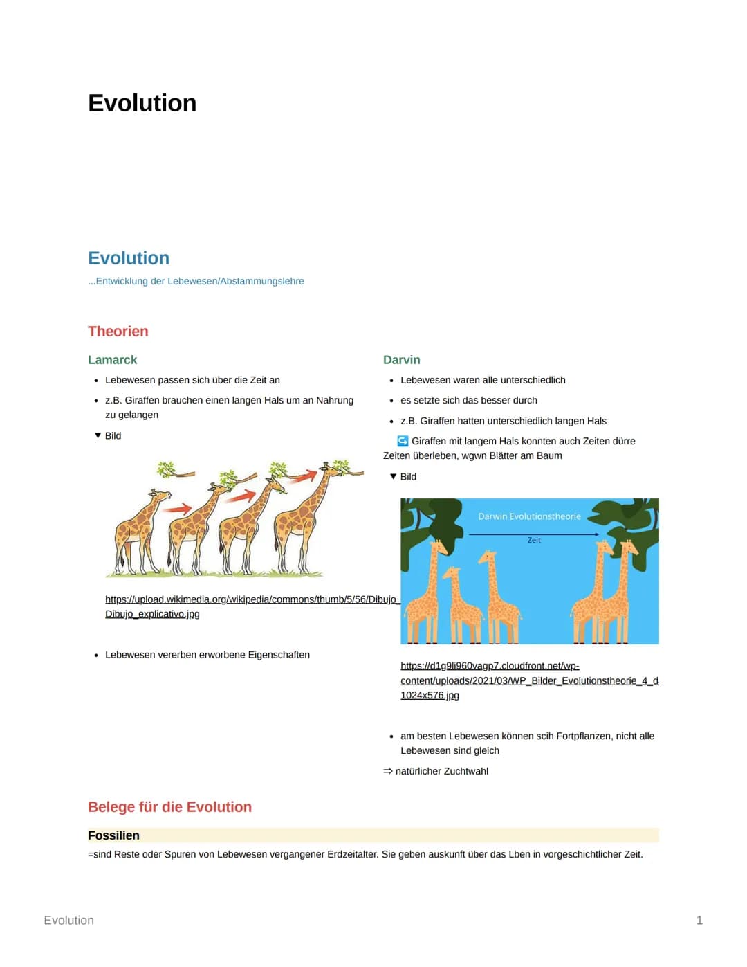Evolution
Evolution
...Entwicklung der Lebewesen/Abstammungslehre
Theorien
Lamarck
• Lebewesen passen sich über die Zeit an
. z.B. Giraffen 
