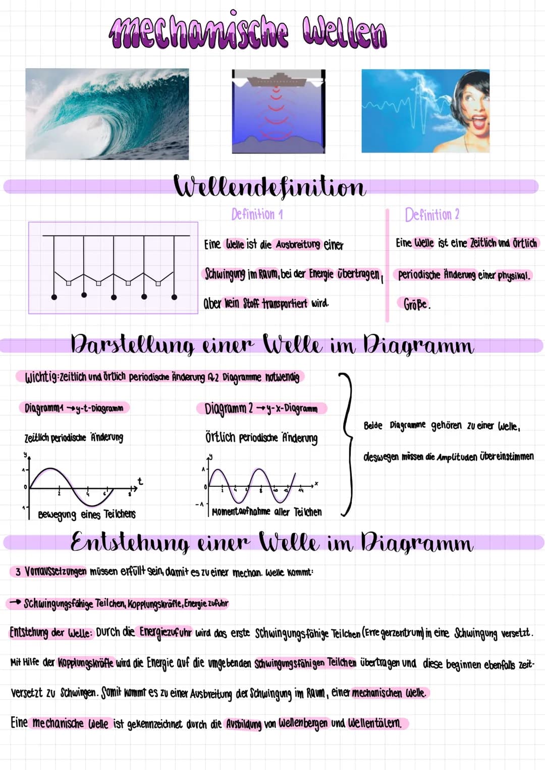 mechanische Wellen
Wellendefinition
Definition
Eine Welle ist die Ausbreitung einer
Schwingung im Raum, bei der Energie übertragen,
aber kei