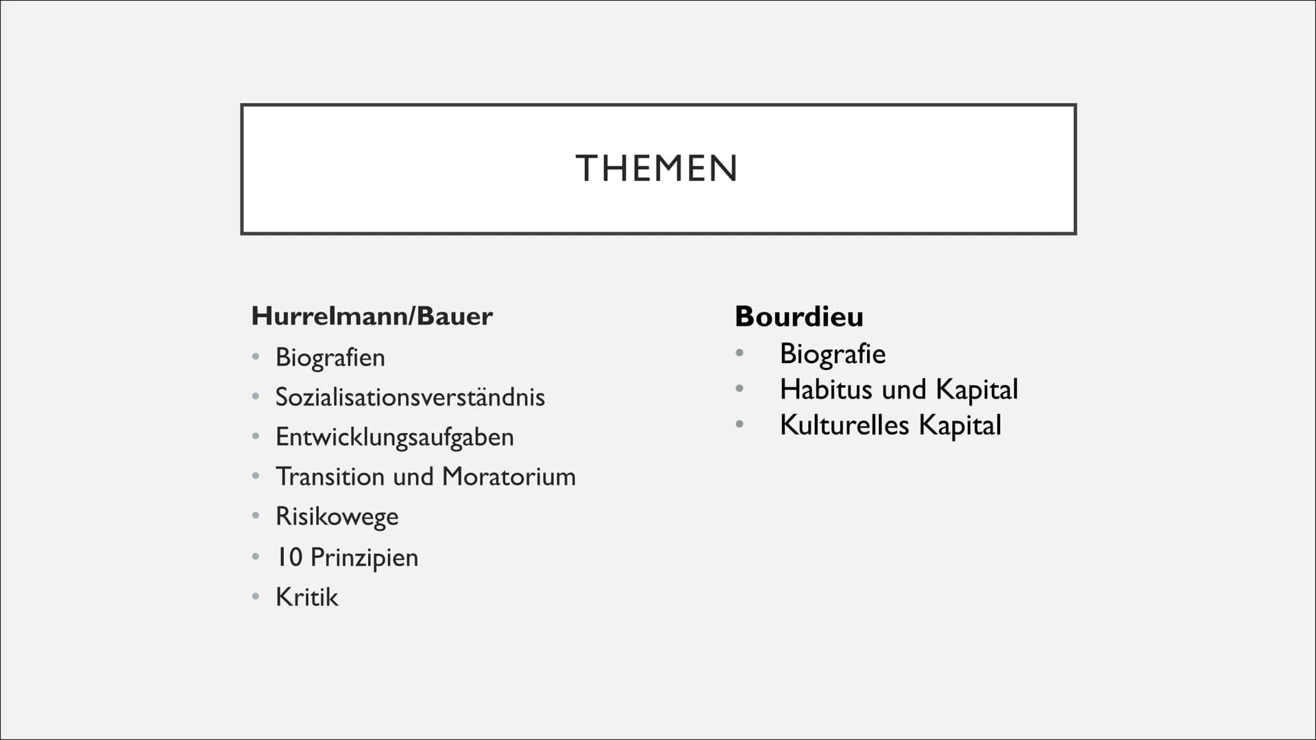 HURRELMANN/BAUER
BOURDIEU Hurrelmann/Bauer
Biografien
●
●
●
●
Sozialisationsverständnis
Entwicklungsaufgaben
Transition und Moratorium
Risik