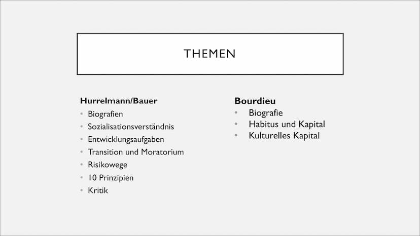 HURRELMANN/BAUER
BOURDIEU Hurrelmann/Bauer
Biografien
●
●
●
●
Sozialisationsverständnis
Entwicklungsaufgaben
Transition und Moratorium
Risik