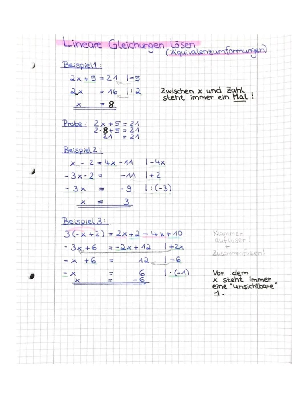 .
Lineare Gleichungen Lösen
Beispiel:
2x+5=21 1-5
= 16 1:2
=8
X
Probe 2x+5=21
2-8+5=21
21 = 21
Beispiel 2
x - 2 = 4x -11
-3x-2 = -^^
- 3x =

