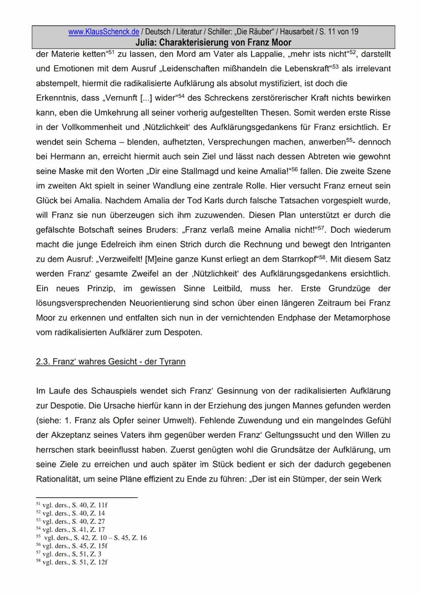 www.KlausSchenck.de / Deutsch / Literatur / Schiller: „Die Räuber" / Hausarbeit / S. 2 von 19
Julia: Charakterisierung von Franz Moor
Inhalt