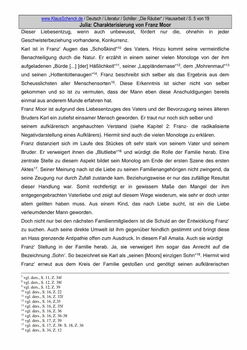 www.KlausSchenck.de / Deutsch / Literatur / Schiller: „Die Räuber" / Hausarbeit / S. 2 von 19
Julia: Charakterisierung von Franz Moor
Inhalt