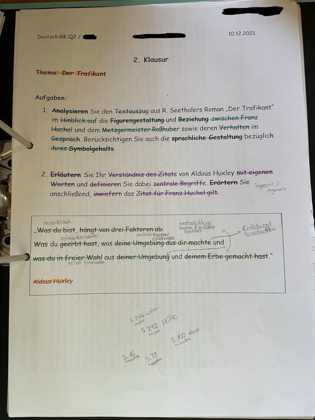 Deutsch GK Q2/
Thema: Der Trafikant
2. Klausur
Aufgaben:
1. Analysieren Sie den Textauszug aus R. Seethalers Roman „Der Trafikant"
im Hinbli