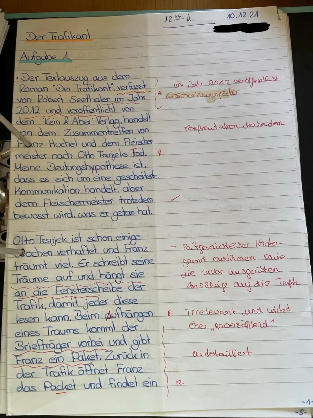 Deutsch GK Q2/
Thema: Der Trafikant
2. Klausur
Aufgaben:
1. Analysieren Sie den Textauszug aus R. Seethalers Roman „Der Trafikant"
im Hinbli