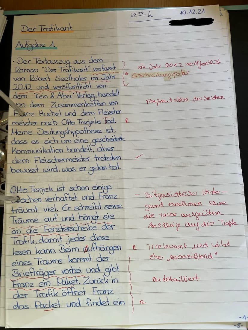 Deutsch GK Q2/
Thema: Der Trafikant
2. Klausur
Aufgaben:
1. Analysieren Sie den Textauszug aus R. Seethalers Roman „Der Trafikant"
im Hinbli