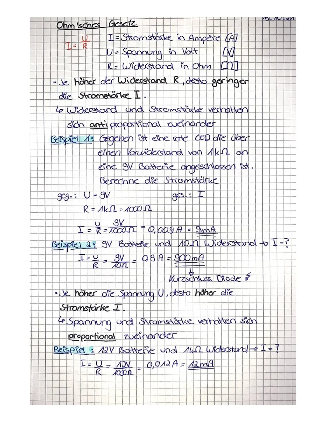 Ohm'sches Gesetz
Q
TER
I= Stromstarke in Ampère (A)
U = Spannung in Volt
M
R = Widerstand in Ohm [^]
Je höher der Widerstand R, desto gering