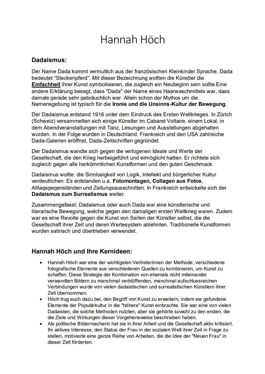 Hannah Höch
Dadaismus:
Der Name Dada kommt vermutlich aus der französischen Kleinkinder Sprache. Dada
bedeutet "Steckenpferd". Mit dieser Be