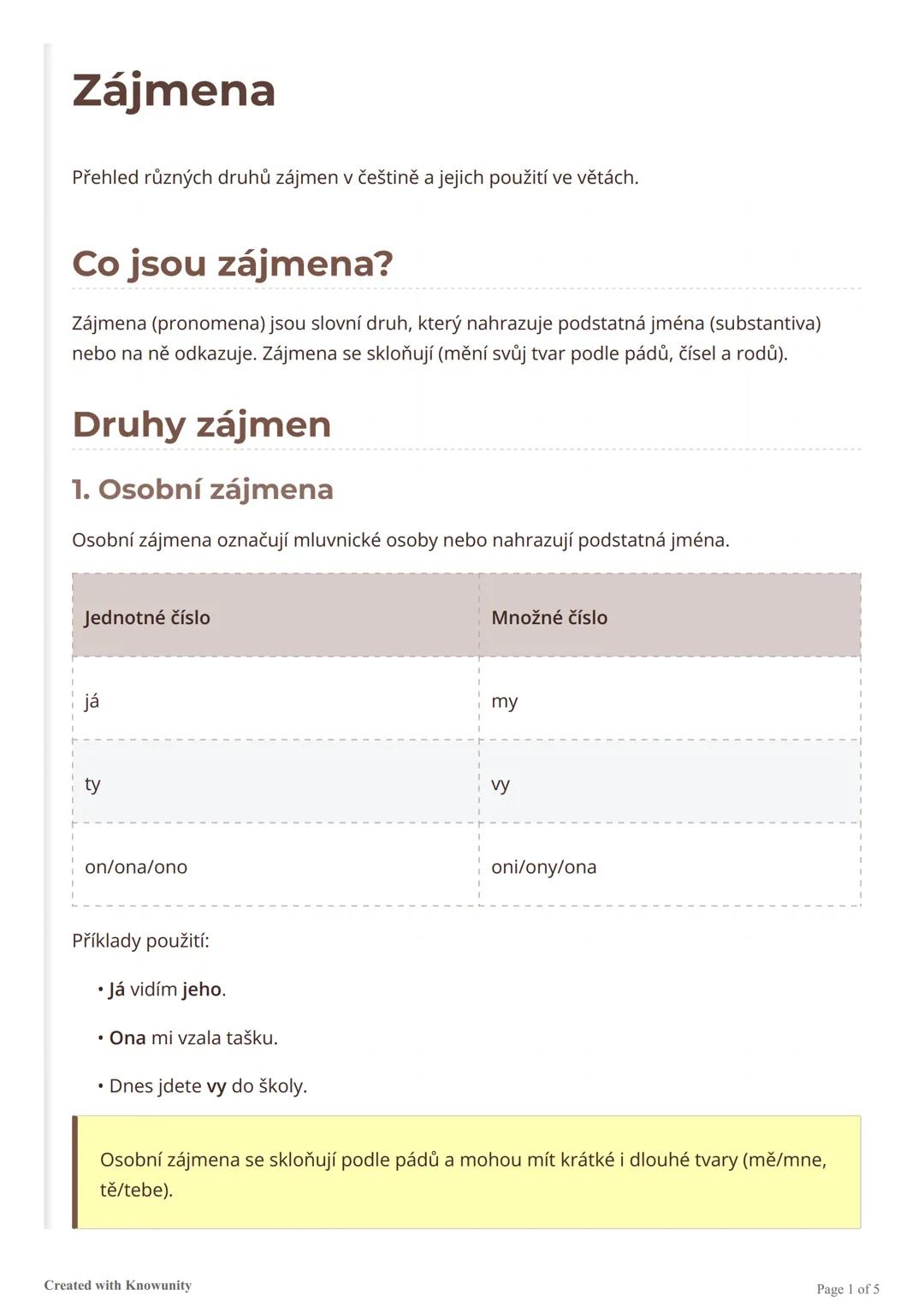 Zájmena
Přehled různých druhů zájmen v češtině a jejich použití ve větách.
Co jsou zájmena?
Zájmena (pronomena) jsou slovní druh, který nahr