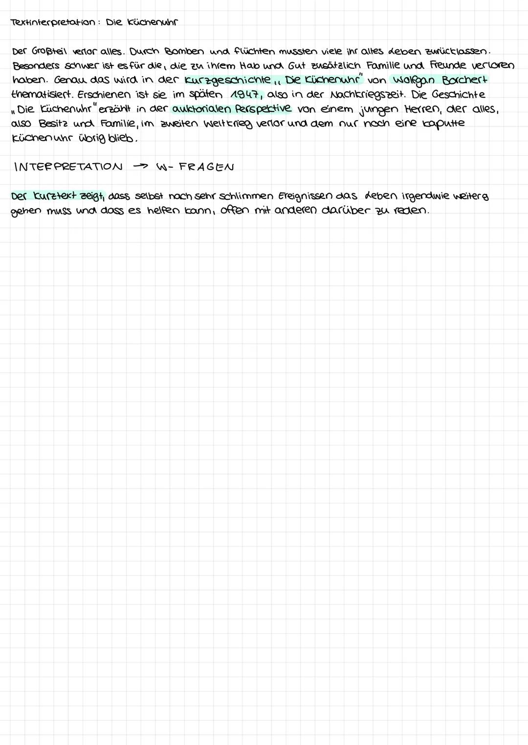 Titel, da große Bedeutung im
deben des Erzählers

Die Küchenuhr

Erzählzeit: Bei Erinnerung Zeitdennung (schwebt in
Allg. Zeit deckung
Erinn