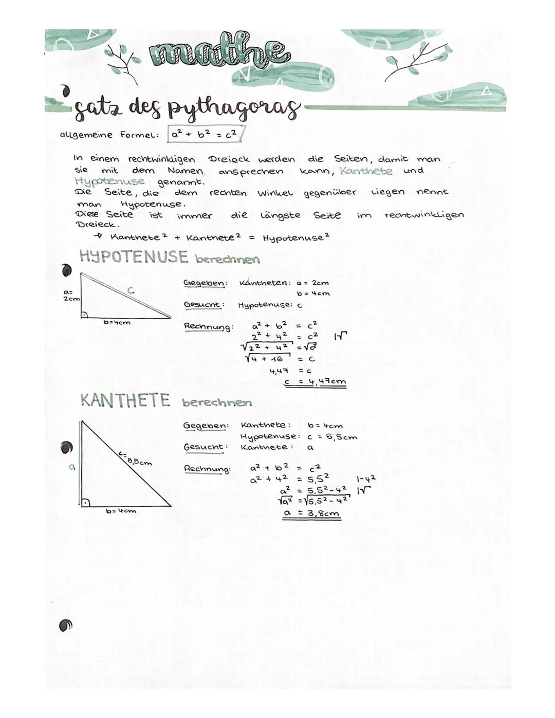 mathe
•satz des pythagoras.
allgemeine Formel:
a² + b² = c²
In einem rechtwinkligen Dreieck werden die Seiten, damit man
dem Namen
anspreche