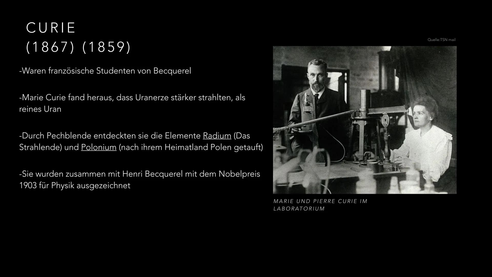 DIE ENTDECKUNG DER KERNKRAFT UND
RADIOAKTIVITÄT
MARIA LOBANOV GLIEDERUNG
●
Curie
Bohr
Meitner und Hahn
Fermi
Uraninit und Radium und Poloniu