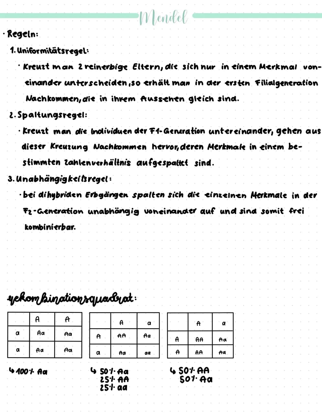 • Regeln:
1. Uniformitätsregel:
• Kreuzt man 2 reinerbige Eltern, die sich nur in einem Merkmal von-
einander unterscheiden, so erhält man i