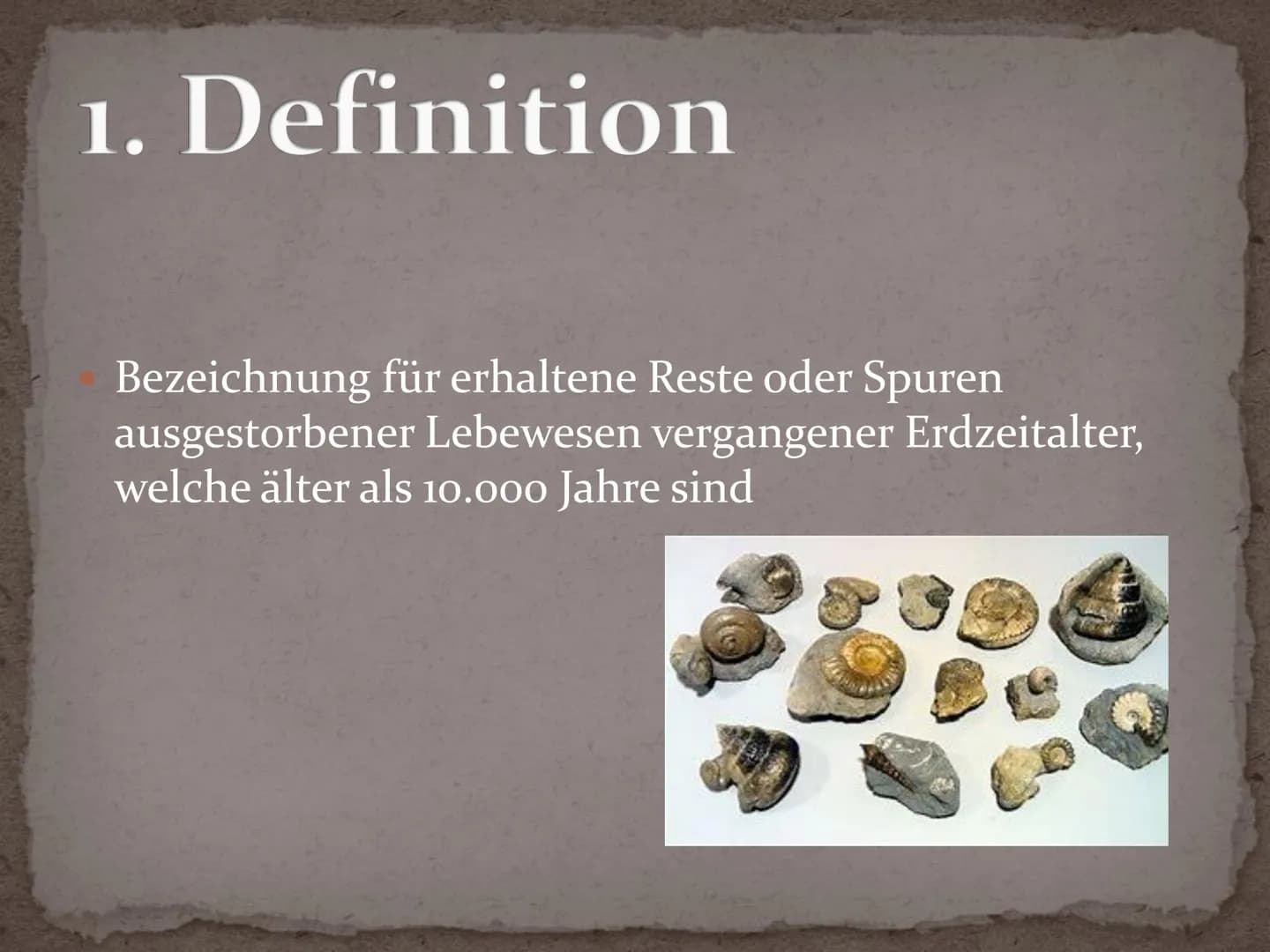Fossilien Gliederung
1. Definition
2. Geschichte
3. Entstehung - Fossilisation
4. Bedeutung Fossilien
5. Fossilienformen
5.1 Knochenfunde
5.