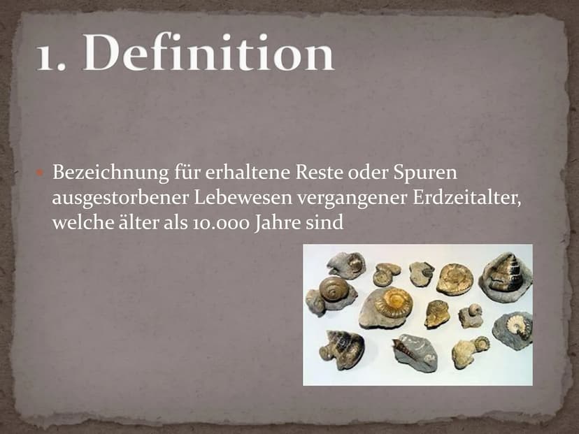 Fossilien Gliederung
1. Definition
2. Geschichte
3. Entstehung - Fossilisation
4. Bedeutung Fossilien
5. Fossilienformen
5.1 Knochenfunde
5.