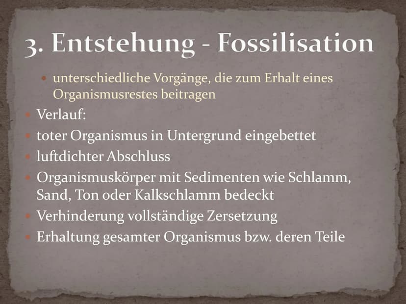 Fossilien Gliederung
1. Definition
2. Geschichte
3. Entstehung - Fossilisation
4. Bedeutung Fossilien
5. Fossilienformen
5.1 Knochenfunde
5.
