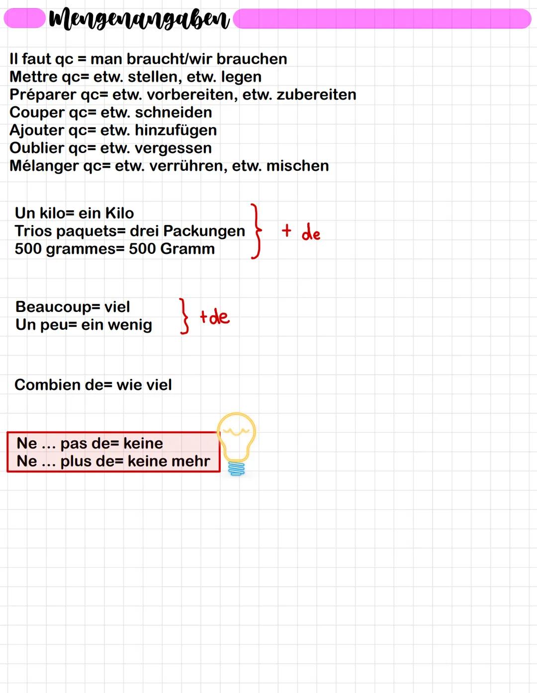 FRANZÖSISCH
Vocabulaire:
Le gâteau = der Kuchen
Offrir qc à qn = jmd. etw. schenken
Le fête = die Feier
L'idée f. = die Idee
Le cadeau das G