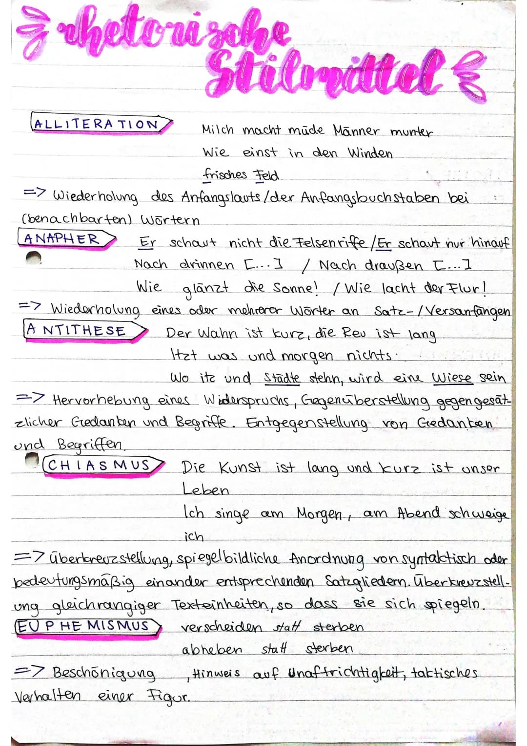Z whetorische
ALLITERATION
Milch macht müde Männer munter.
Wie einst in den Winden.
frisches Feld
=> Wiederholung des Anfangslauts/der Anfan