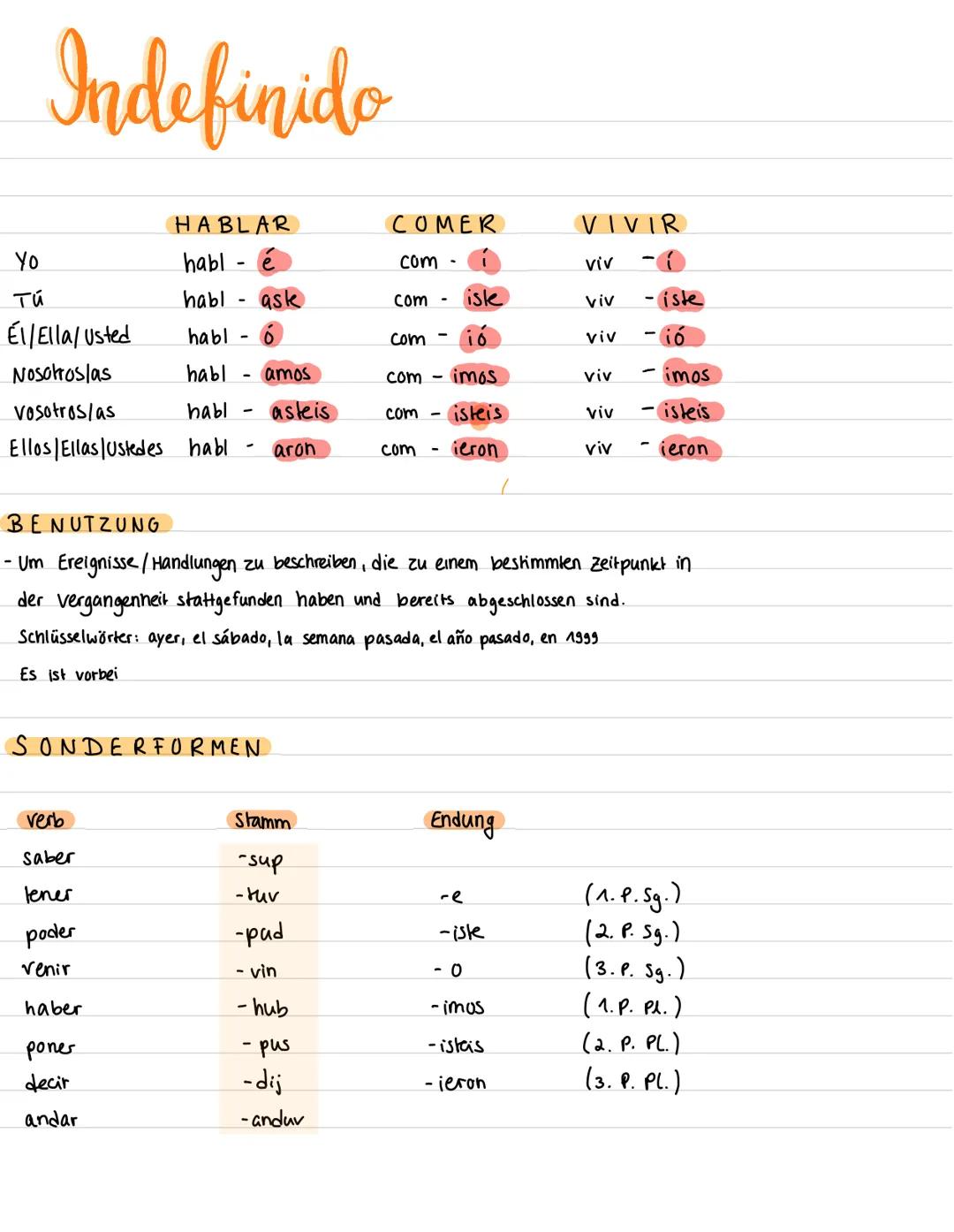 Indefinido
HABLAR
habl
habl - ask
habl 0
habl
vosotros/as
habl
Ellos / Ellas ustedes habl
Yo
ти
Él/Ella/Usted
Nosotroslas
SONDERFORMEN
amos
