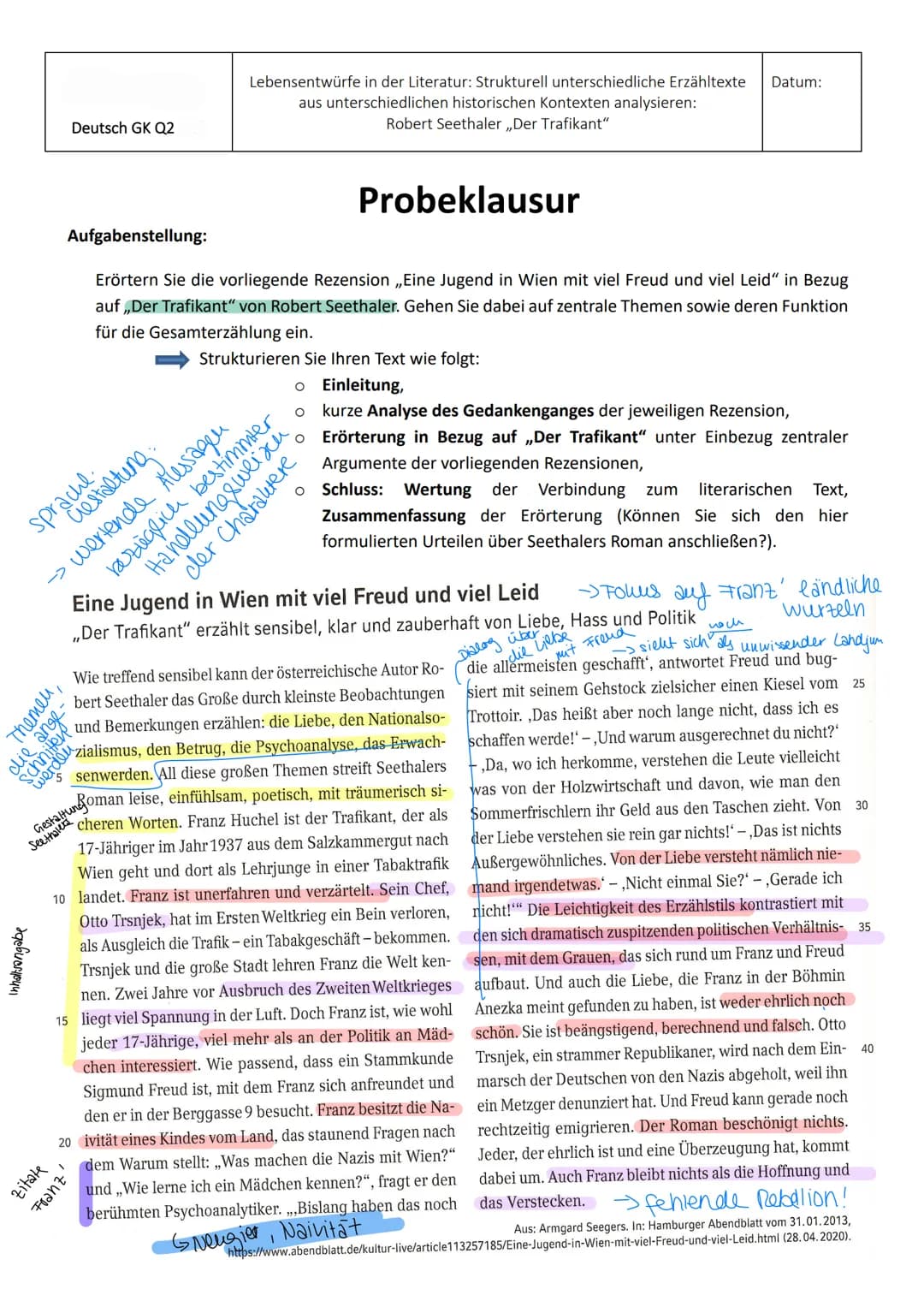 Deutsch GK Q2
sprache.
crestaltung.
wertende Alessagen
Themen
Inhaltsangabe
Aufgabenstellung:
Erörtern Sie die vorliegende Rezension ,,Eine 