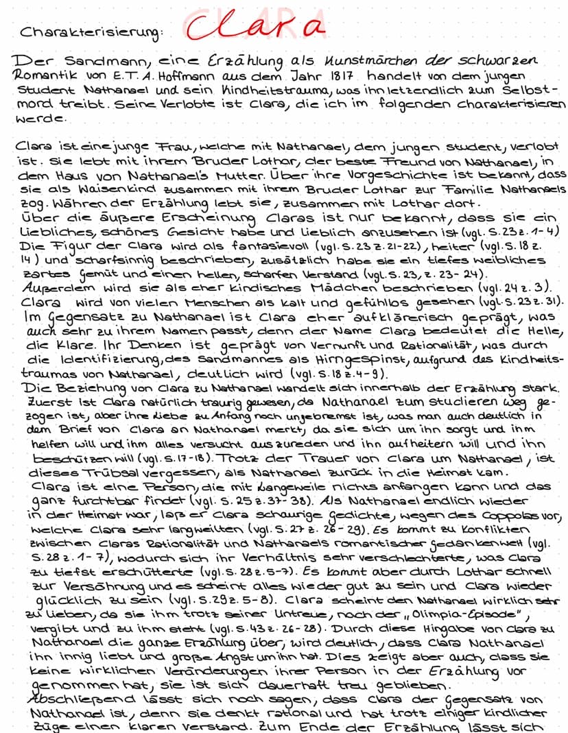 Nathanael
Personen daten:
- Hauptfigur und Protagonist
- Studium an der Universität in g. (vgl. 5.22 2.29)
- verlobt mit Clara (vgl. S.222.2