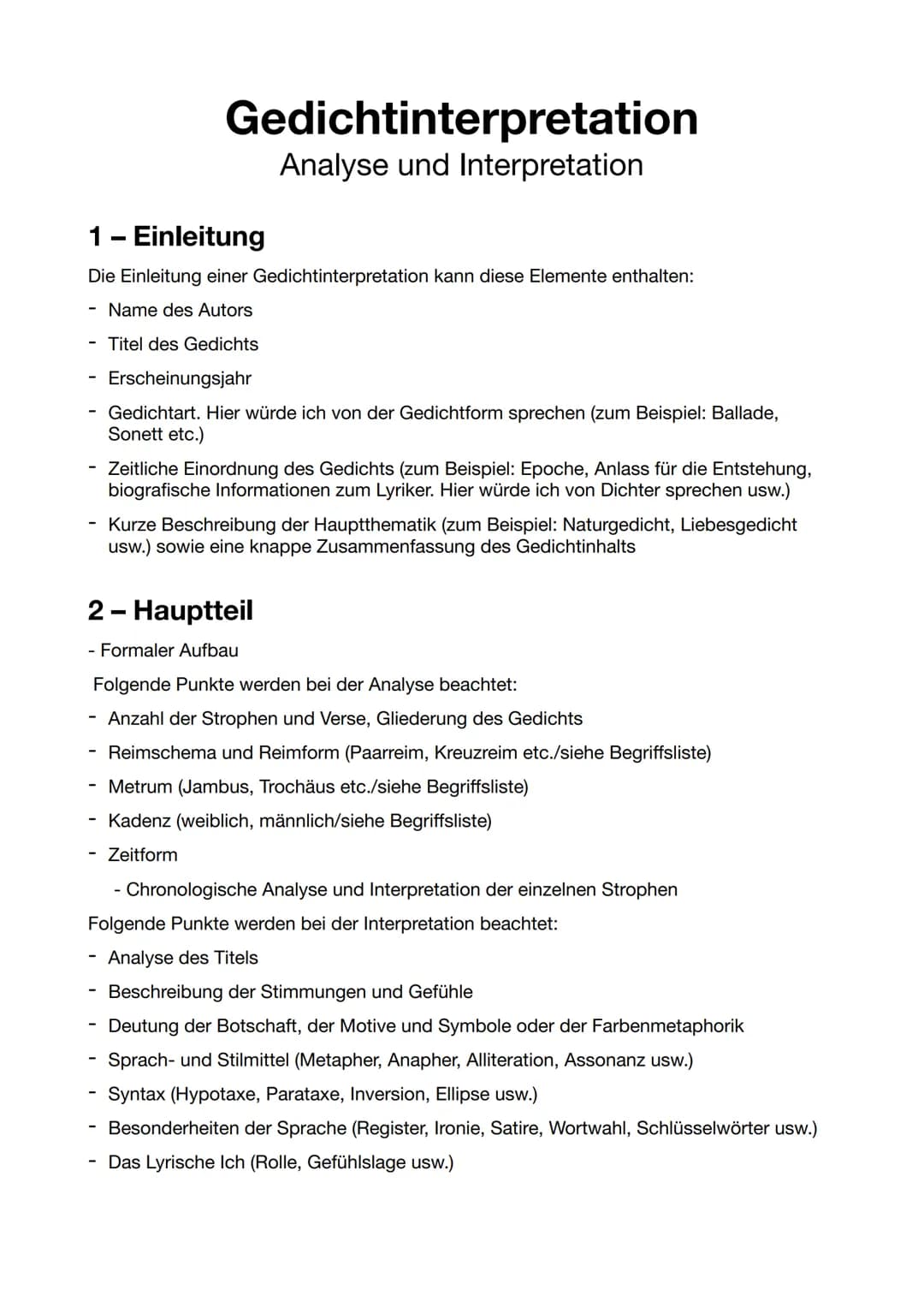 Gedichtinterpretation
Analyse und Interpretation
1 - Einleitung
Die Einleitung einer Gedichtinterpretation kann diese Elemente enthalten:
Na
