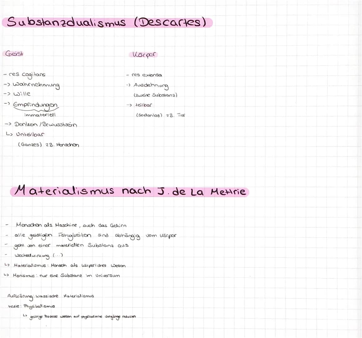 Substanzdualismus (Descartes)
Geist
- res cogitans
-> wahrnehmung
-> wille
Empfindungen
immateriell
-> Denken/Bewusstsein
L> Unteilbar
(Ganz