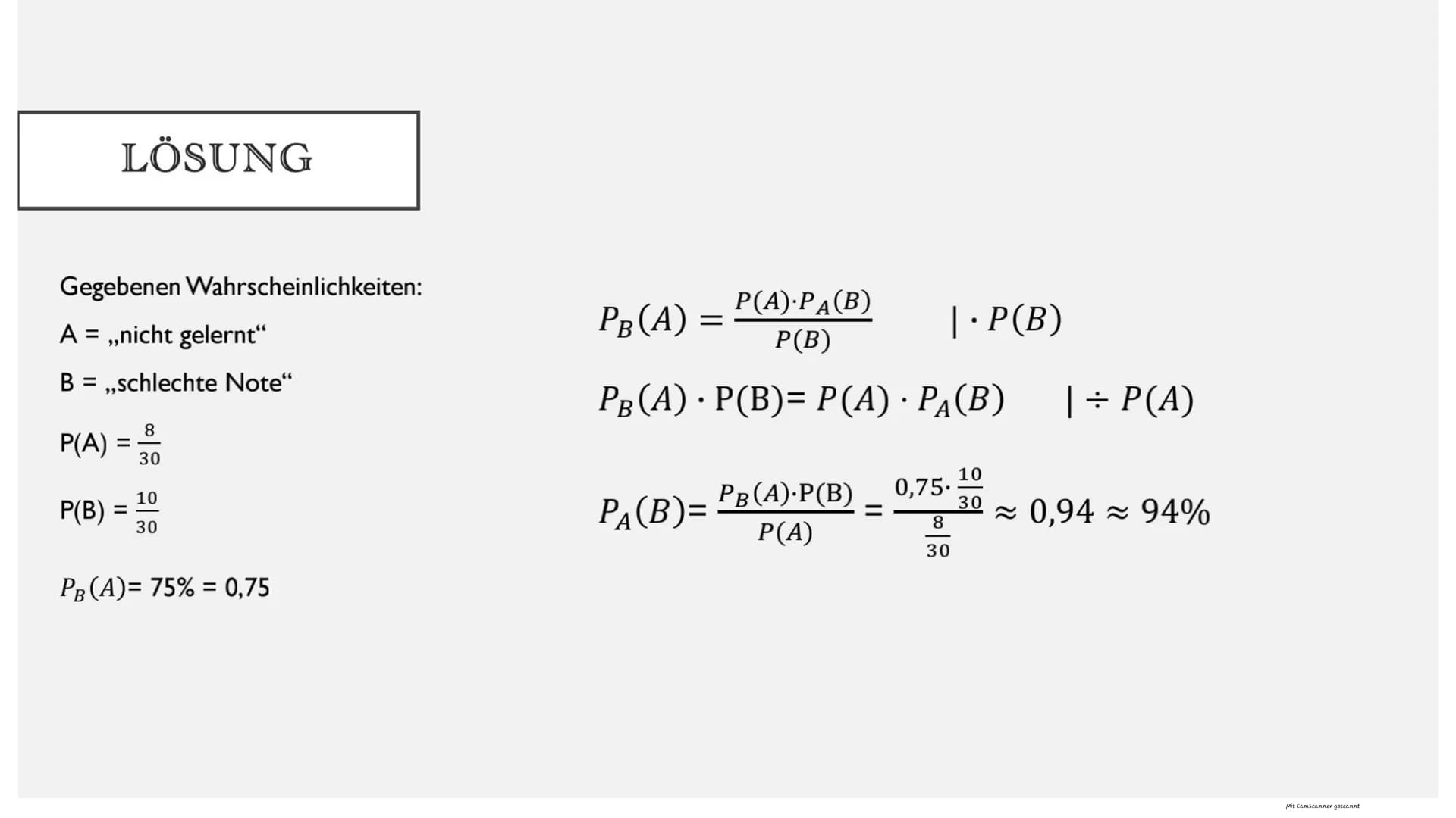 SATZ VON BAYES
Mit CamScanner gescannt BEISPIEL
• Eine Schülerin fährt in 70% der Schultage mit dem Bus.
In 80% dieser Fälle kommt sie pünkt