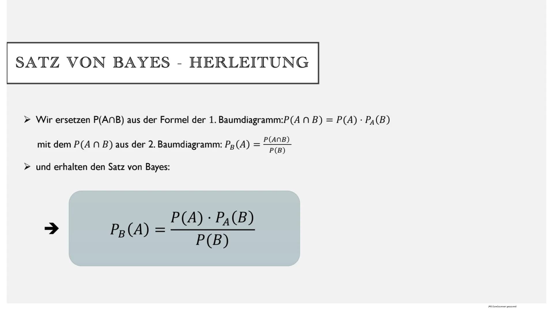 SATZ VON BAYES
Mit CamScanner gescannt BEISPIEL
• Eine Schülerin fährt in 70% der Schultage mit dem Bus.
In 80% dieser Fälle kommt sie pünkt