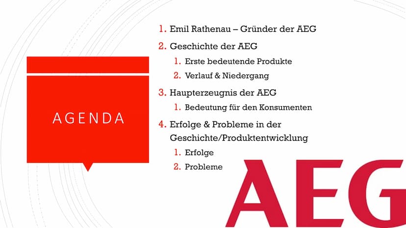 DIE GESCHICHTE DER
AEG
2121212 AGENDA
1. Emil Rathenau – Gründer der AEG
2. Geschichte der AEG
1. Erste bedeutende Produkte
2. Verlauf & Nie