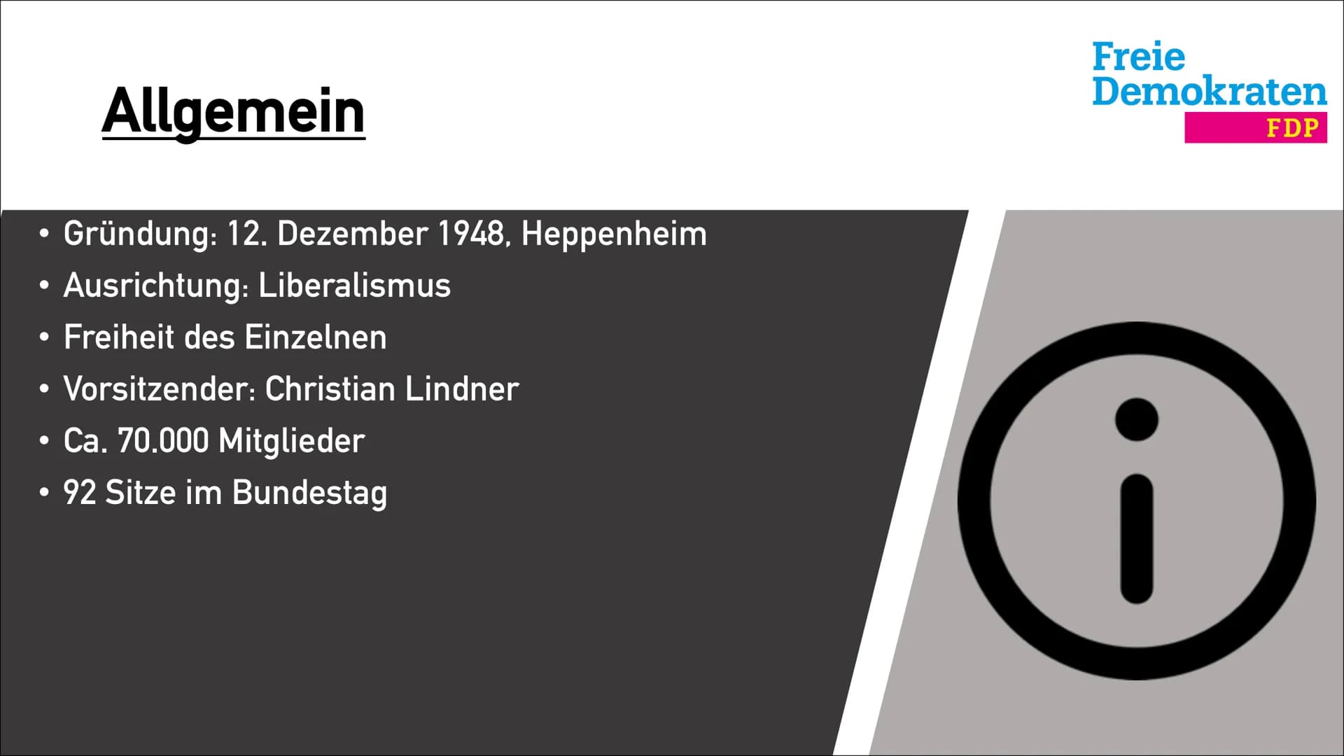 Freie
Demokraten
FDP
FDP
Freie Demokratische
Partei ●
●
●
Freiheit des Einzelnen
Vorsitzender: Christian Lindner
• Ca. 70.000 Mitglieder
92 