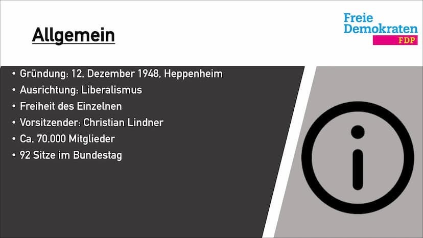 Freie
Demokraten
FDP
FDP
Freie Demokratische
Partei ●
●
●
Freiheit des Einzelnen
Vorsitzender: Christian Lindner
• Ca. 70.000 Mitglieder
92 