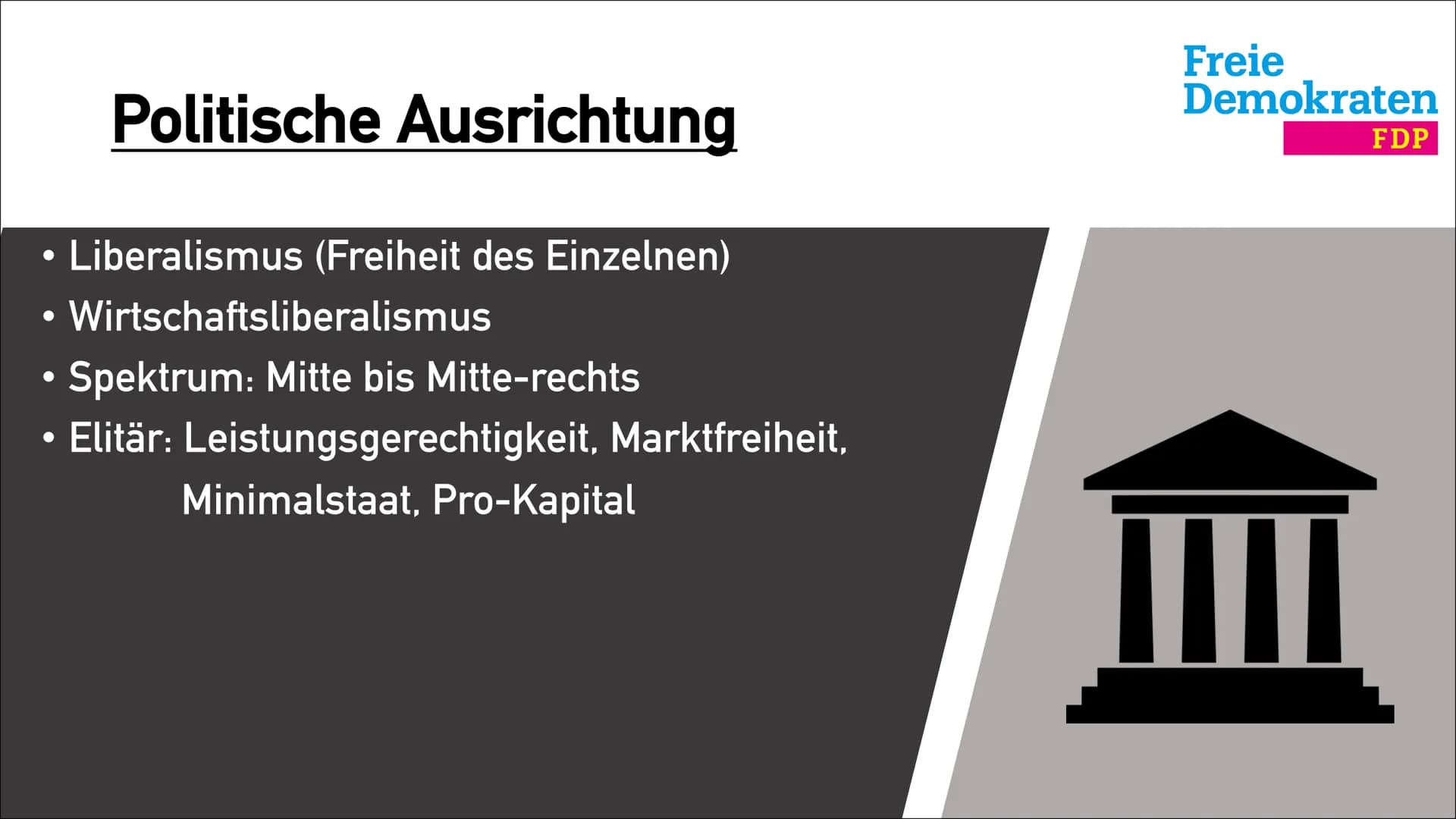 Freie
Demokraten
FDP
FDP
Freie Demokratische
Partei ●
●
●
Freiheit des Einzelnen
Vorsitzender: Christian Lindner
• Ca. 70.000 Mitglieder
92 