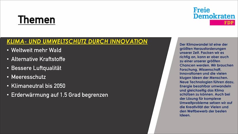 Freie
Demokraten
FDP
FDP
Freie Demokratische
Partei ●
●
●
Freiheit des Einzelnen
Vorsitzender: Christian Lindner
• Ca. 70.000 Mitglieder
92 