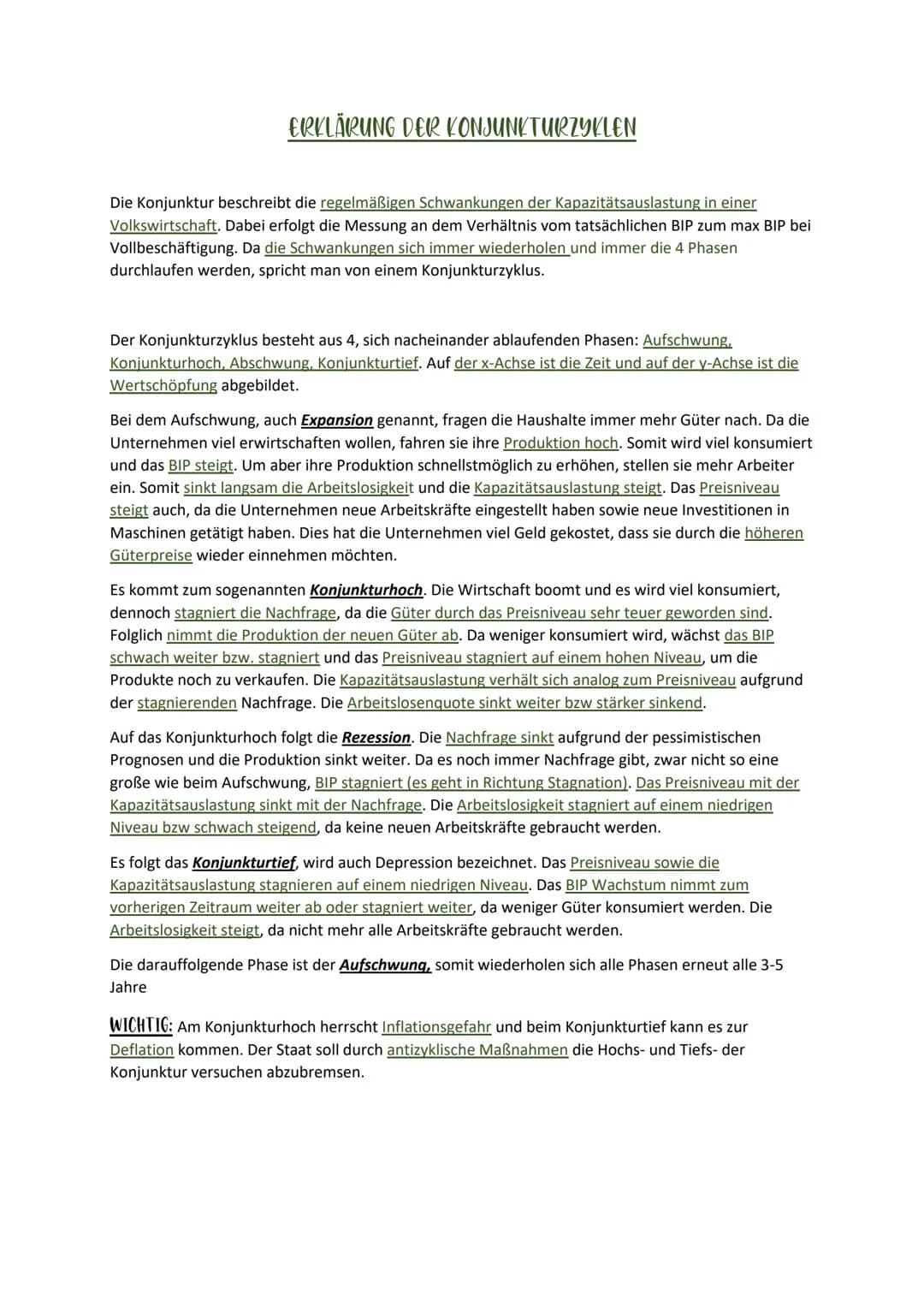 ERKLÄRUNG DER KONJUNKTURZYKLEN
Die Konjunktur beschreibt die regelmäßigen Schwankungen der Kapazitätsauslastung in einer
Volkswirtschaft. Da