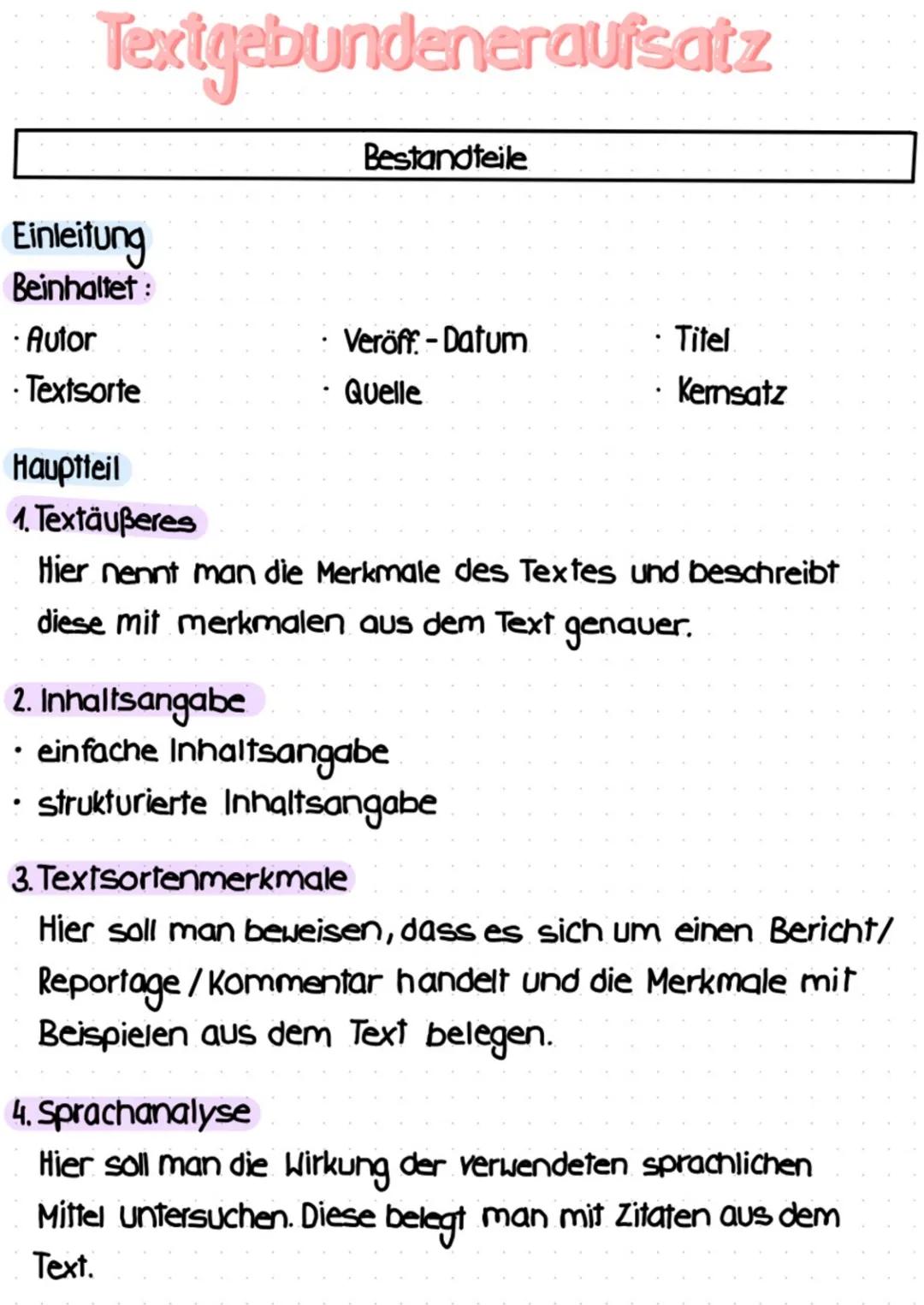 # Textigebundeneraufsatz

Bestandteile

Einleitung
Beinhaltet:
* Autor
* Textsorte
* Veröff: - Datum
* Quelle
* Titel
* Kensatz

Hauptteil

