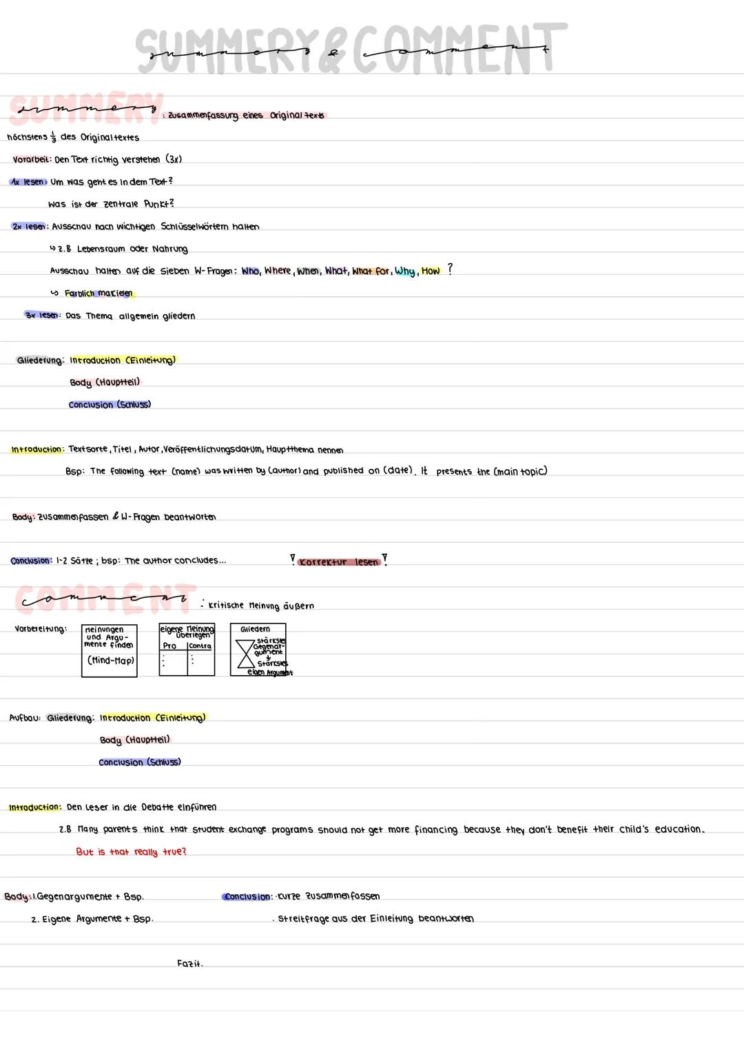 SUMMERY & COMMENT
armmers.
höchstens des Original textes
Vorarbeit: Den Text richtig verstehen (3x)
Ax lesen: Um was geht es in dem Text?
Wa