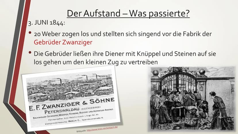 Handout: DER SCHLESISCHE WEBERAUFSTAND 1844
Gründe:
• Preisverfall ihrer Webprodukte durch industrielle Revolution in anderen
Ländern
• Vers