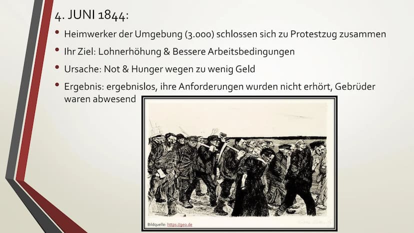 Handout: DER SCHLESISCHE WEBERAUFSTAND 1844
Gründe:
• Preisverfall ihrer Webprodukte durch industrielle Revolution in anderen
Ländern
• Vers