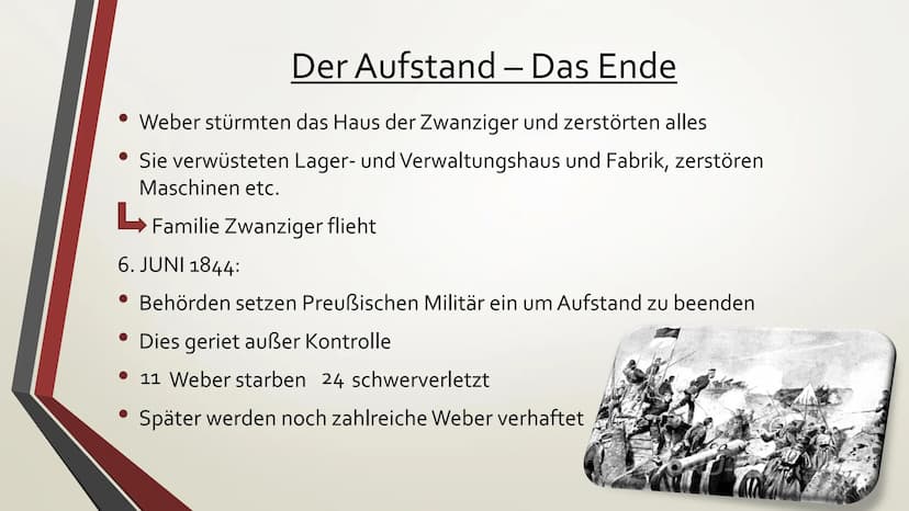 Handout: DER SCHLESISCHE WEBERAUFSTAND 1844
Gründe:
• Preisverfall ihrer Webprodukte durch industrielle Revolution in anderen
Ländern
• Vers