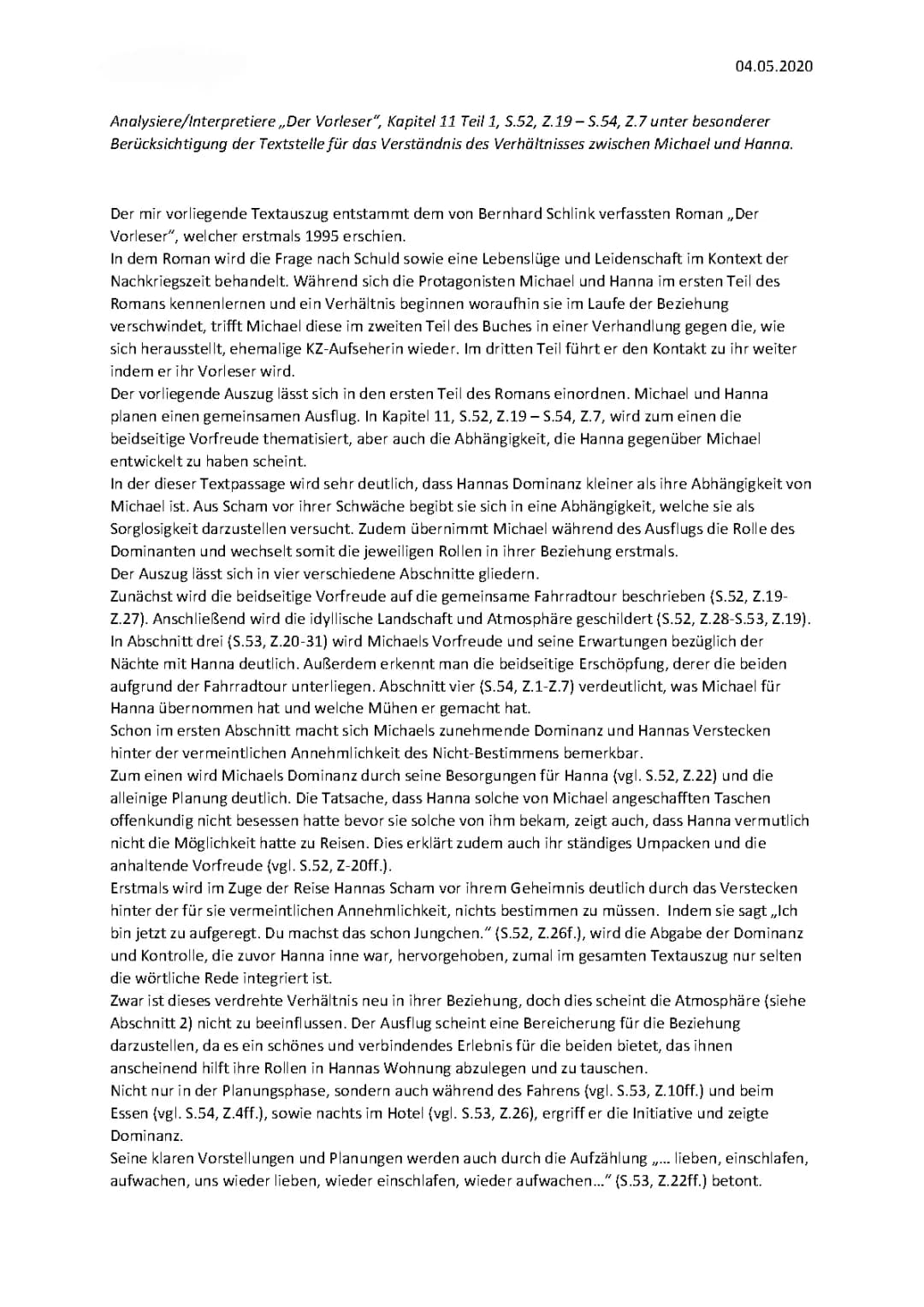 Der Vorleser - Kapitelanalyse und Zusammenfassung